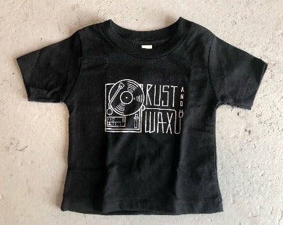 Black baby-sized t-shirt with Rust & Wax turntable logo print in white