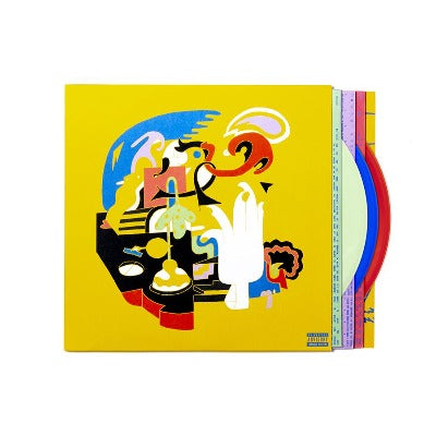 Mac Miller - Faces album cover with 3 vinyl records in different colors - coke bottle clear, blue, and ruby colored vinyl records