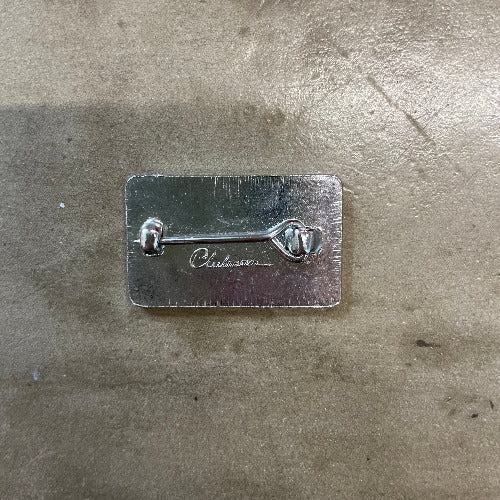 Orchestral Manoeuvres In The Dark Pin - rear image of silver back with Clubman stamp