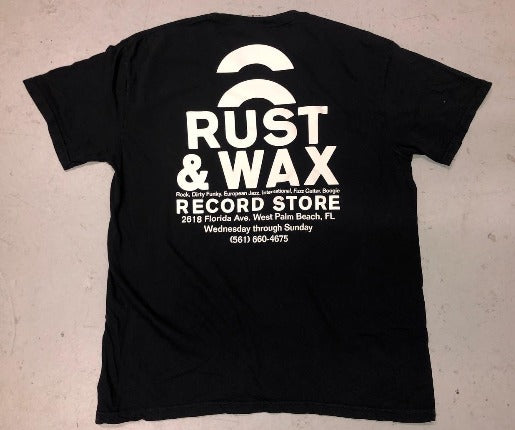 back of Rust & Wax Retro-style t-shirt with store address, phone number, and more