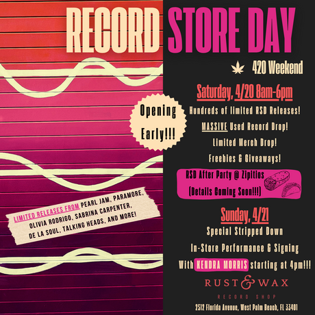 Image depicts Rust & Wax garage door with orange to pink gradient and sound waves and details for Record Store Day weekend, as outlined in this blog post