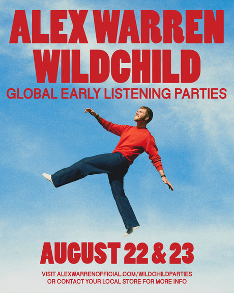 Red text reading 'Alex Warren Wildchild Gloabl Early Listening Parties' above an image of Alex Warren floating and 'August 22 & 23" red text below, all set against a backdrop of a blue sky with white clouds