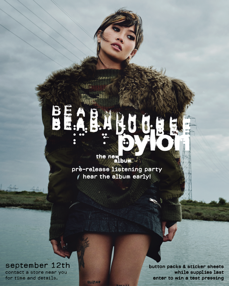 Image of Beabadoobee in a fur lined outfit standing in front of power lines and a body of water with cloudy sky. Text of 'Beabadoobee Pylon the new album pre-release listening party'