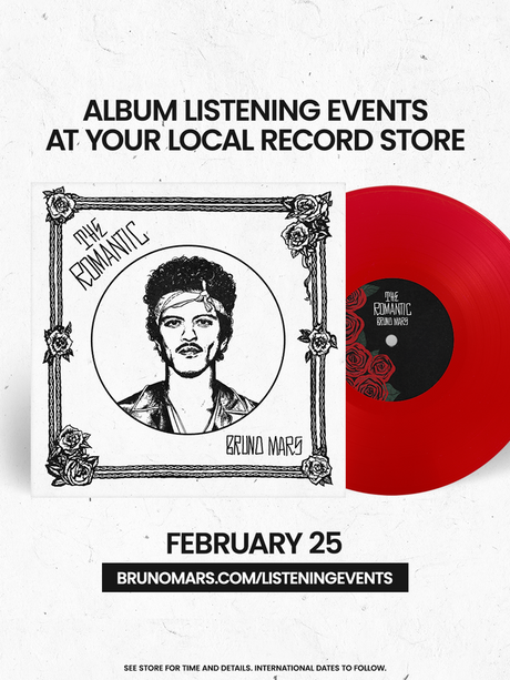 Bruno Mars The Romantic Album Early Listening Event February 25th. Includes image of the red vinyl record.