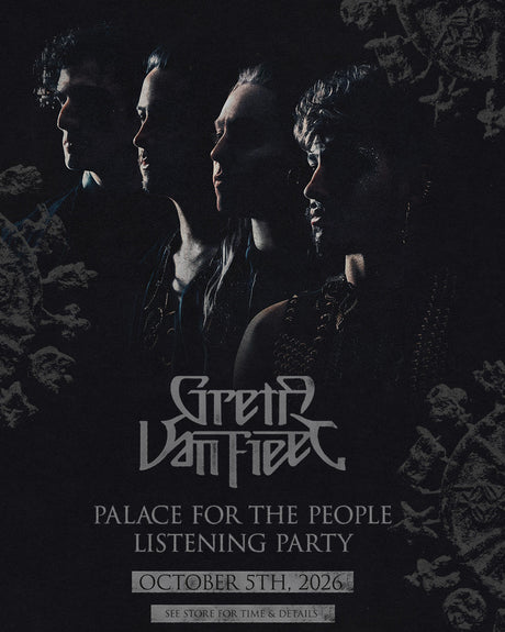 Silhouette of the four band members' faces from Greta Van Fleet with 'Palace for the people listening party october 5th 2026' text underneath them.