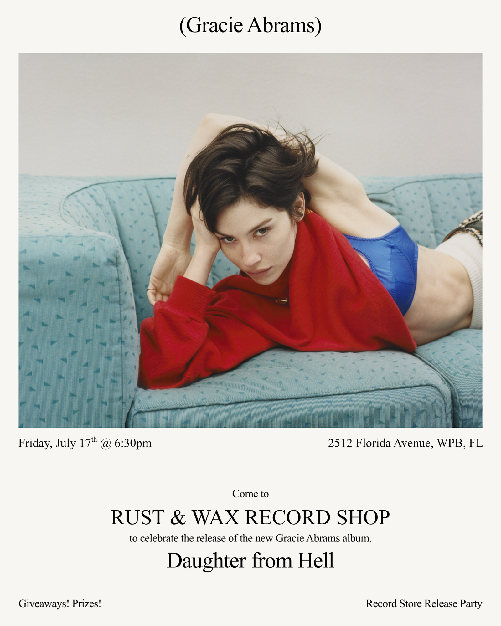Graphic for Gracie Abrams Daughter From Hell release party at Rust & Wax Record Shop, including photo of Gracie Abrams laying down on a couch with a red sweater on