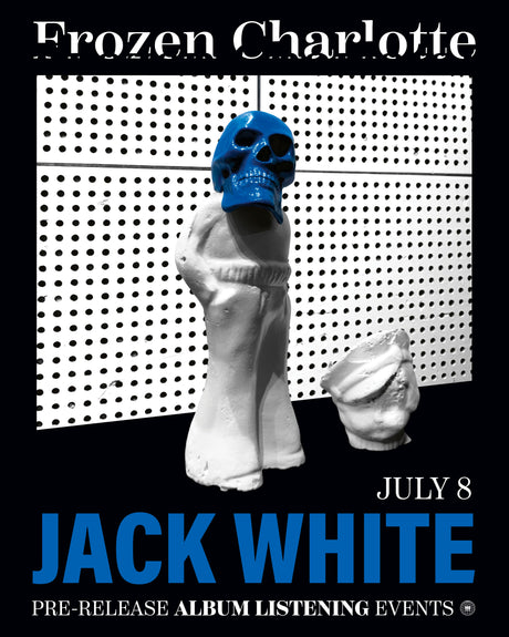 Graphic for Jack White Frozen Charlotte Pre-Release Album Listening Event on July 8 with skeleton in front of white wall