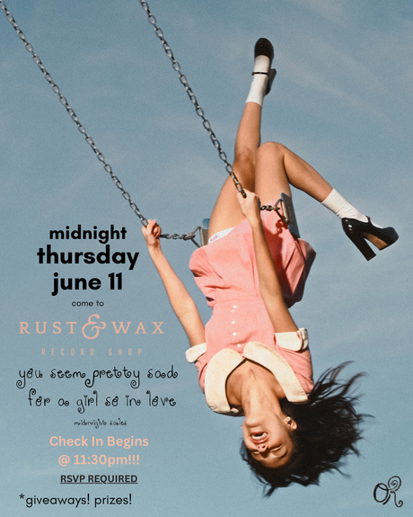 Graphic for Olivia Rodrigo midnight release party at Rust & Wax on Thursday, June 11th