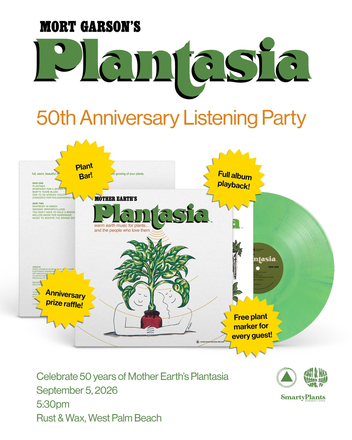 Graphic of Plantasia album cover in middle showing cartoon drawings of two people hugging a green potted plant and green vinyl sticking out of the sleeve. Text at top of graphic reads 'Mort Garson's Plantasia 50th Anniversary Listening Party'