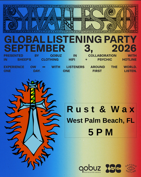 Blue yellow and red rainbow style backdrop with Sylvan Esso text graphic on top and text of 'Global Listening Party September 3, 2026 Rust & Wax West Palm Beach, FL 5pm" and cartoon style drawing of a sword surrounded by red flames.