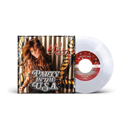 Vinyl record with cover featuring Miley Cyrus and 'Party in the USA' text on a white background