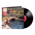 Album cover showing child riding a bicycle into a pool with green nature backdrop, orange text reading "nada surf' in top right corner, white text reading 'high/low' bottom right corner, red rhino reserve label in top left corner, and black vinyl record with red label sticking out of the sleeve.