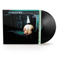 Vinyl album cover showing a naked person sitting on a stool wearing a dunce cap with their back to the camera while facing a chalk board with "I will be good" written over and over again and "Ministry" atop the chalkboard like letters of the alphabet. Two black vinyl records sticking out the side of the sleeve.