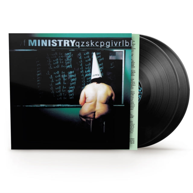 Vinyl album cover showing a naked person sitting on a stool wearing a dunce cap with their back to the camera while facing a chalk board with "I will be good" written over and over again and "Ministry" atop the chalkboard like letters of the alphabet. Two black vinyl records sticking out the side of the sleeve.