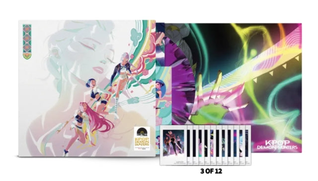 Kpop Demon Hunters HUNTR/X EDITION album cover shown with purple color vinyl record, poster, and trading cards