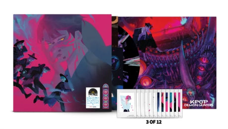 Kpop Demon Hunters Saja boy edition shown with a colorful vinyl record, poster, and trading cards