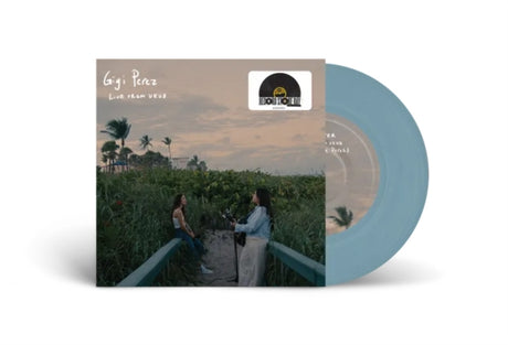 Gigi Perez "live from vevo" album cover shown with sky blue 7 inch vinyl record