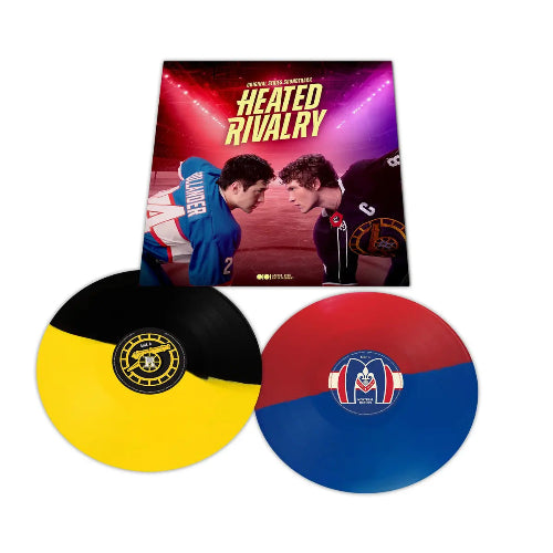 Heated Rivalry OST album cover and 2LP black/yellow and blue/red vinyl