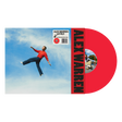 Alex Warren "Wildchild" album cover featuring Alex in a red sweater jumping against a blue sky, shown with a red vinyl record
