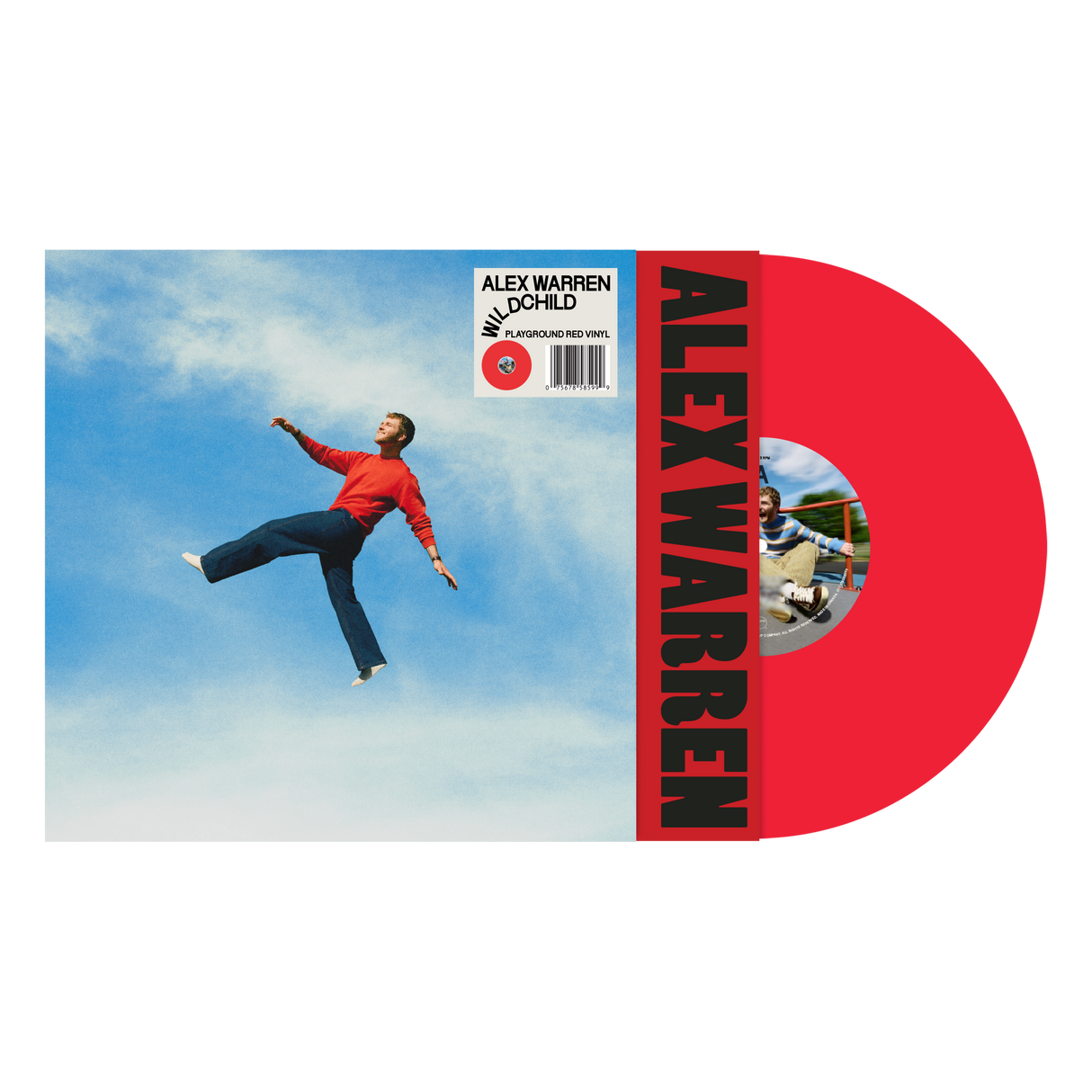 Alex Warren "Wildchild" album cover featuring Alex in a red sweater jumping against a blue sky, shown with a red vinyl record