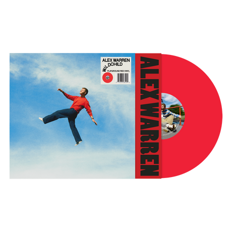Alex Warren "Wildchild" album cover featuring Alex in a red sweater jumping against a blue sky, shown with a red vinyl record