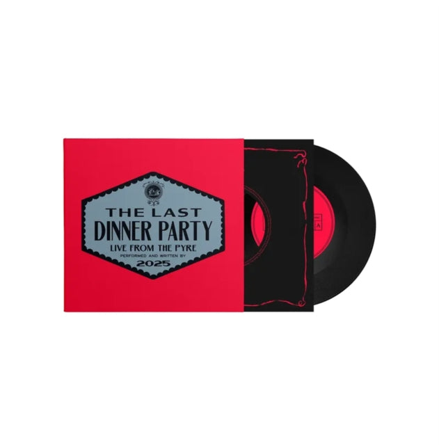 Vinyl record with red cover featuring 'The Last Dinner Party' text on a white background. 