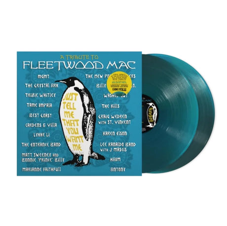 2 Teal vinyl records shown with and album cover with a penguin illustration on it, featuring Fleetwood Mac.