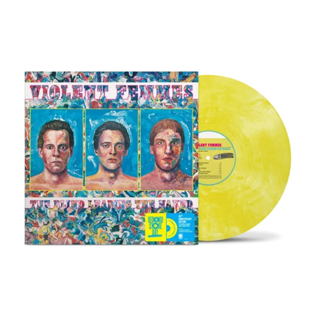 Vinyl record with colorful cover featuring three portraits and a yellow disc.