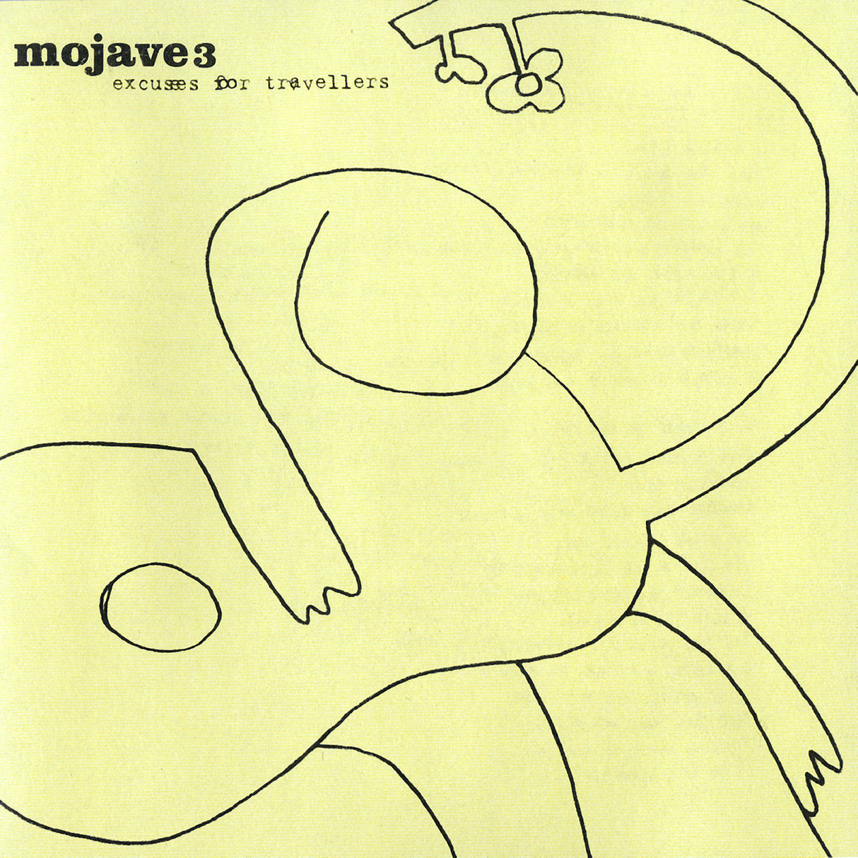 Mojave3 'Excuses For Travellers' album cover with abstract line art on yellow background.