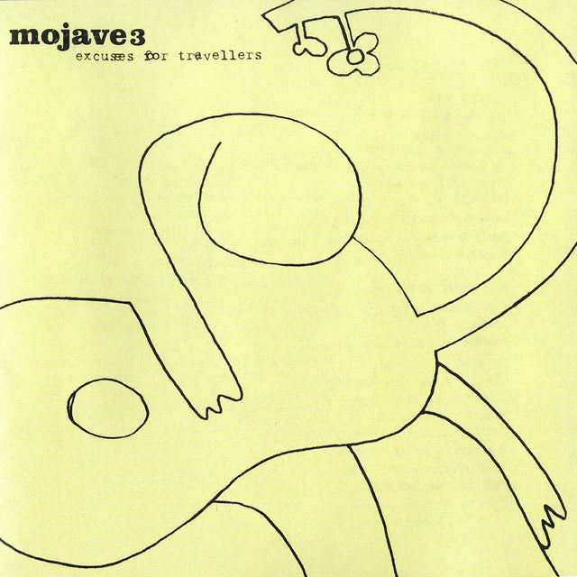 Mojave3 'Excuses For Travellers' album cover with abstract line art on yellow background.