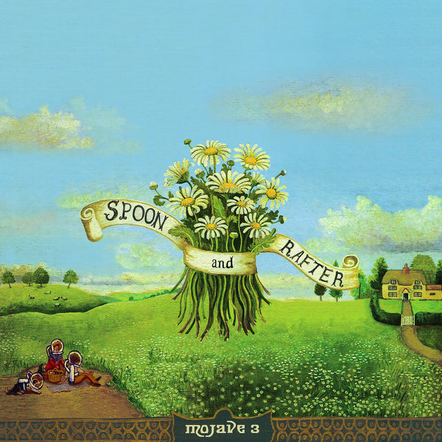 Mojave 3 'Spoon And Rafter' album cover with flowers and text 'Spoon and Rafter' a homestead property with house in corner.