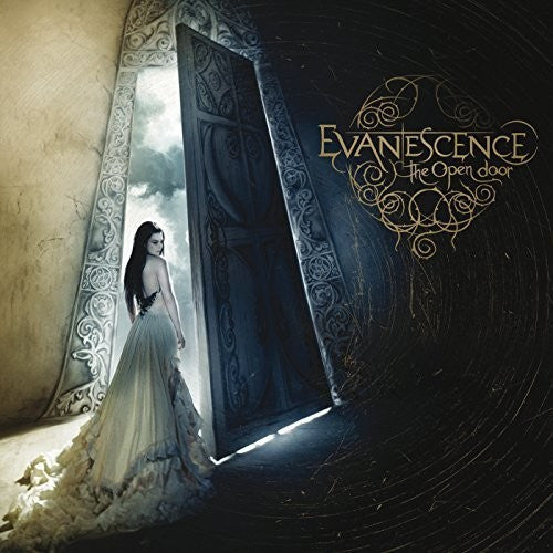 Album cover for 'The Open Door' by Evanescence featuring a woman in a white dress standing in front of an open door.