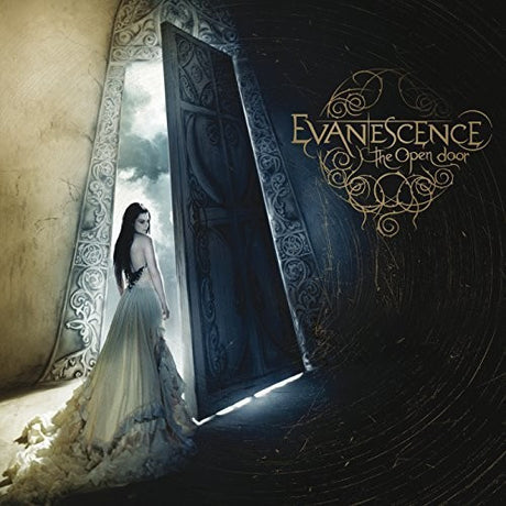 Album cover for 'The Open Door' by Evanescence featuring a woman in a white dress standing in front of an open door.