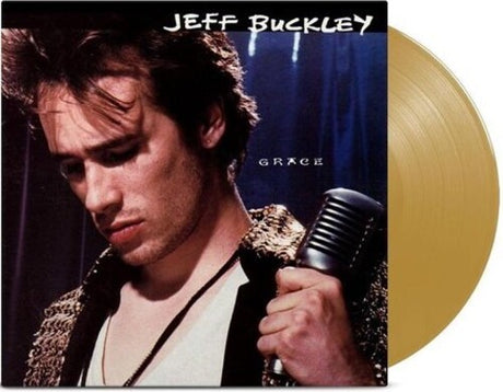 Vinyl record with a portrait of Jeff Buckley holding a microphone and the title 'Grace' by Jeff Buckley.
