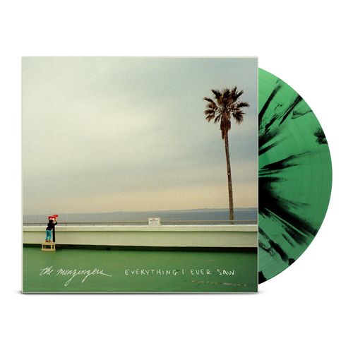 The Menzingers "Everything I Ever Saw" album cover with a palm tree and beach scene on the cover. Shown with a green and black splatter vinyl record