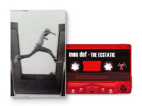 Red cassette tape with 'mos def' and 'The Ecstatic' on a white background