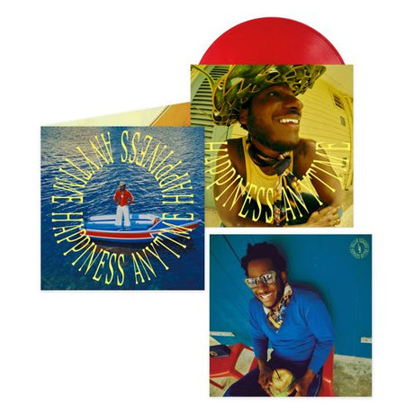 A vinyl record album set shown on a white background, featuring a red vinyl disc partially visible behind two album covers. The covers display colorful portraits and text reading 'HAPPINESS ANYTIME' twice in a circle around Leon Bridges on a boat, plus two additional images of Leon on inner sleeves of the album.