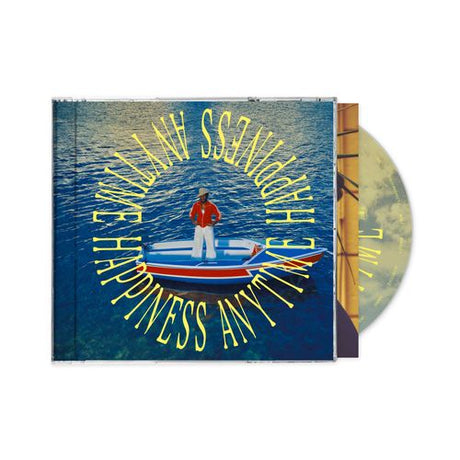 CD album cover for 'Happiness Anytime'  with 'Happiness Anytime' text twice in a circle around Leon Bridges on a boat surrounded by water, with a CD partially visible behind the case on a white background.