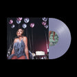 Vinyl album cover for Hilary Duff Holiday Things showing Duff sitting in front of some silver and purple balloons. Purple colored vinyl record sticking out the right side of the sleeve.