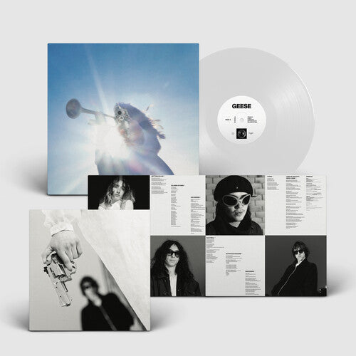 Geese "Getting Killed" album cover shown with a clear vinyl record and an image of the insert with photos of the band and lyrics.