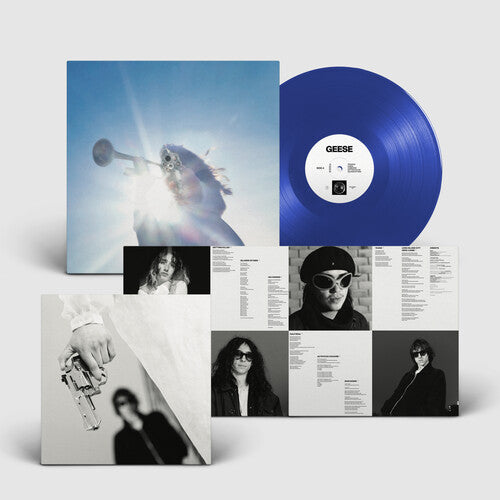 Geese "Getting Killed" album cover shown with a blue vinyl record and an image of the insert with photos of the band and lyrics.