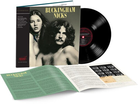 Buckingham Nicks self-titled album cover shown with a black vinyl record and a booklet