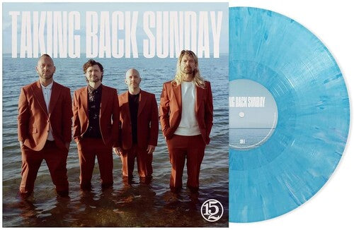 'Talking Back Sunday' 152 album cover with band members in front of water. Shown with a blue and white marble colored vinyl record