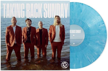 'Talking Back Sunday' 152 album cover with band members in front of water. Shown with a blue and white marble colored vinyl record