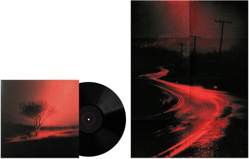Joji "piss in the wind" album cover featuring a red and black landscape, shown with a matching poster and a black vinyl record.