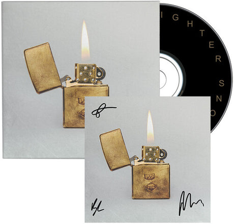 Mumford & Sons "Prizefighter" album cover featuring a Bronze lighter with flame on a gray background, with a black CD in the corner .