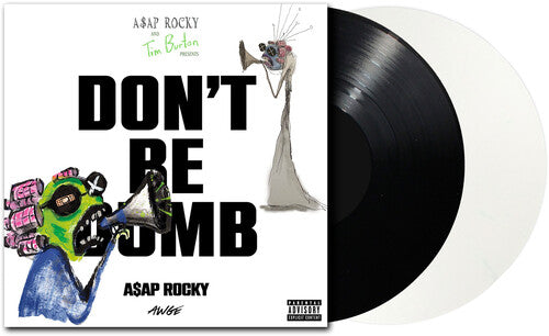 Vinyl record with cover featuring A$AP Rocky and text 'Don't Be Dumb' on a white background, shown with one black and one white colored vinyl record