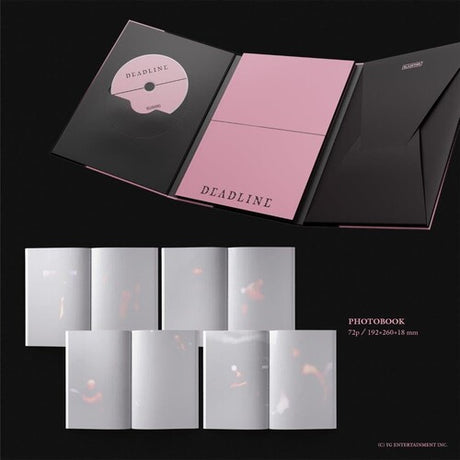 Photobook with pink and black design on a black background