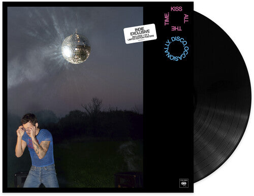 Harry Styles "Kiss all the time. Disco, ocassionally." album cover shown with a black vinyl record.
