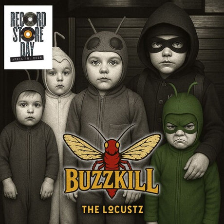 Children in costumes with 'Buzzkill' and 'The Locustz' logo on a dark background